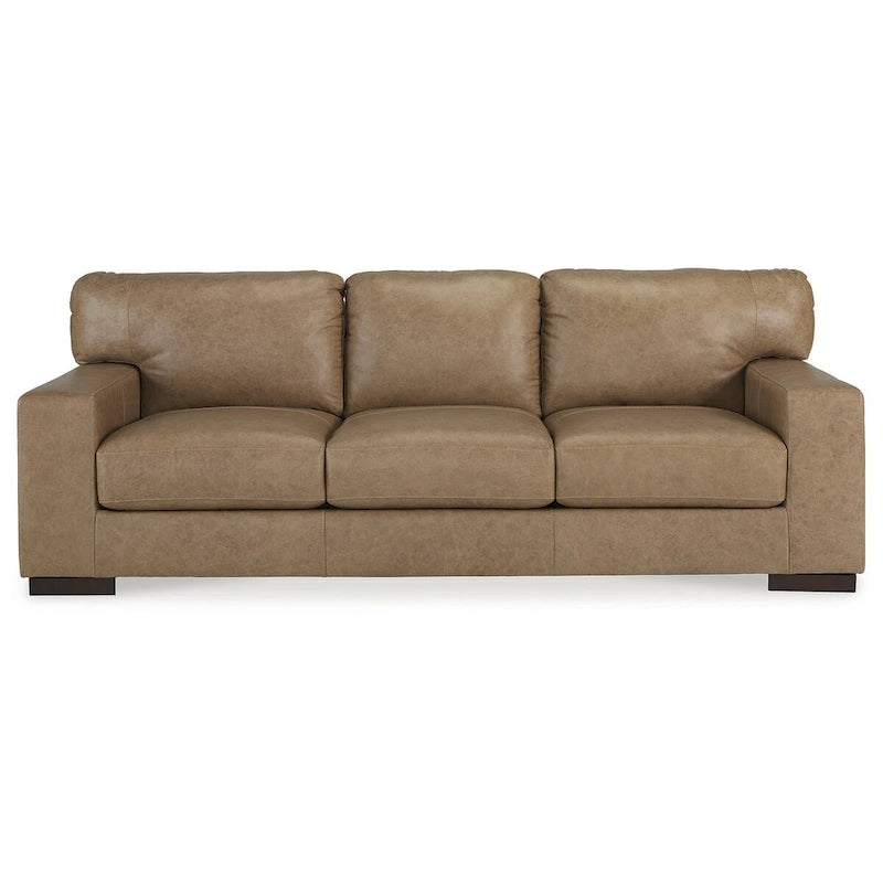 Warm Camel Genuine Leather Three-Seat Sofa with Corner-Blocked Wooden Frame