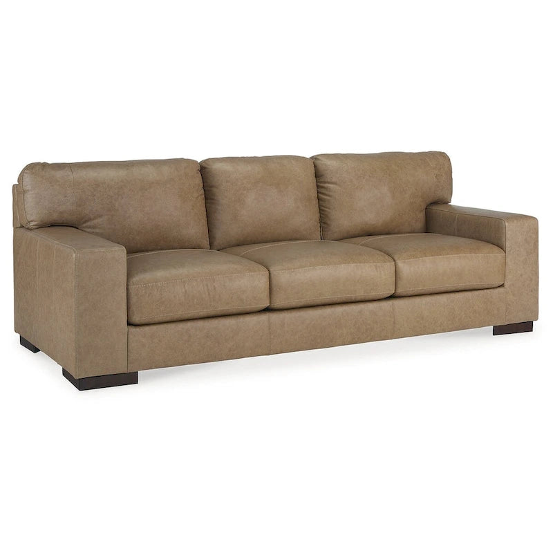 Warm Camel Genuine Leather Three-Seat Sofa with Corner-Blocked Wooden Frame