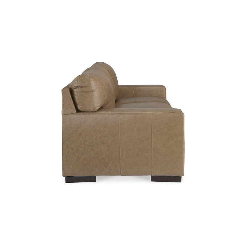 Warm Camel Genuine Leather Three-Seat Sofa with Corner-Blocked Wooden Frame