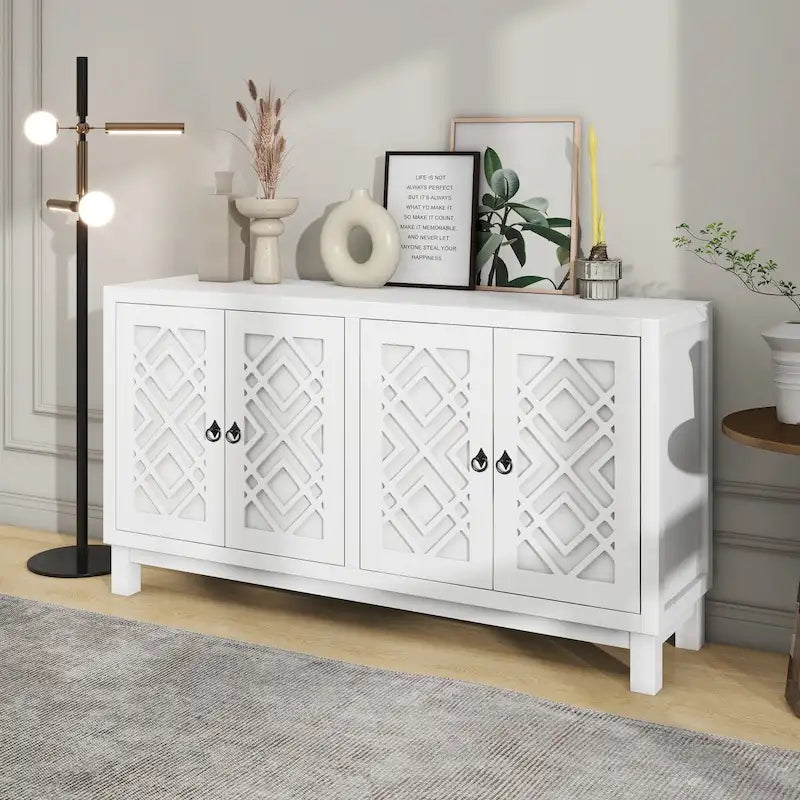 4-Door Buffet Cabinet with Rhombus Hollow Doors and Pull-Ring Handles, White Black Blue