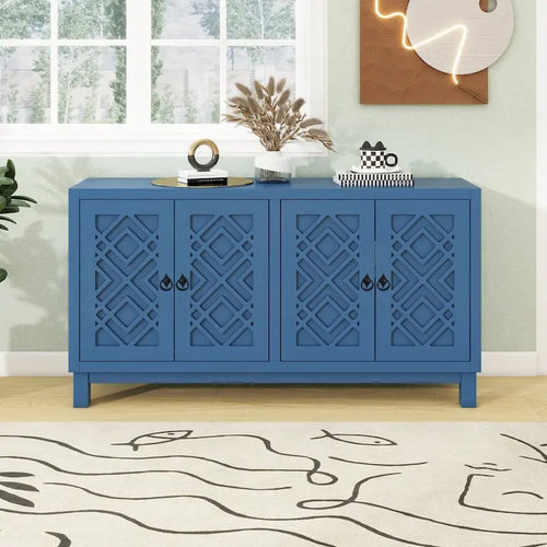 4-Door Buffet Cabinet with Rhombus Hollow Doors and Pull-Ring Handles, White Black Blue