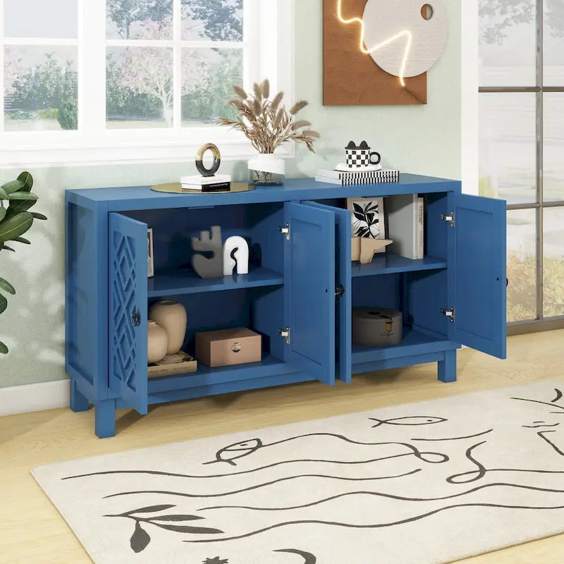 4-Door Buffet Cabinet with Rhombus Hollow Doors and Pull-Ring Handles, White Black Blue