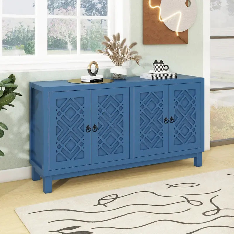4-Door Buffet Cabinet with Rhombus Hollow Doors and Pull-Ring Handles, White Black Blue