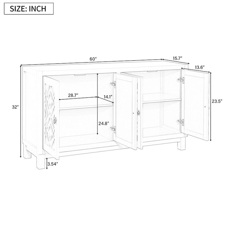 4-Door Buffet Cabinet with Rhombus Hollow Doors and Pull-Ring Handles, White Black Blue