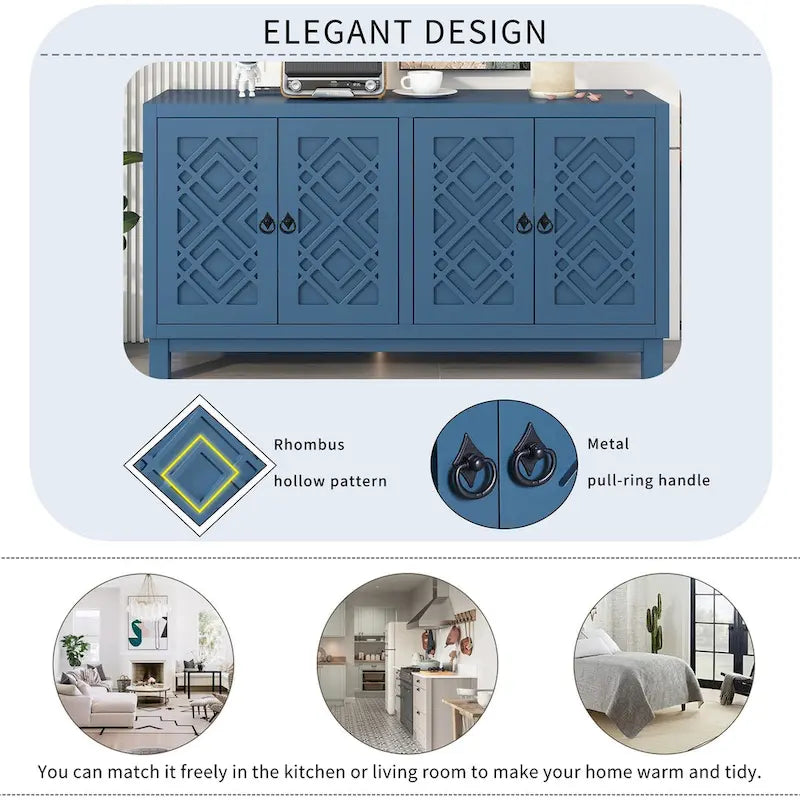 4-Door Buffet Cabinet with Rhombus Hollow Doors and Pull-Ring Handles, White Black Blue