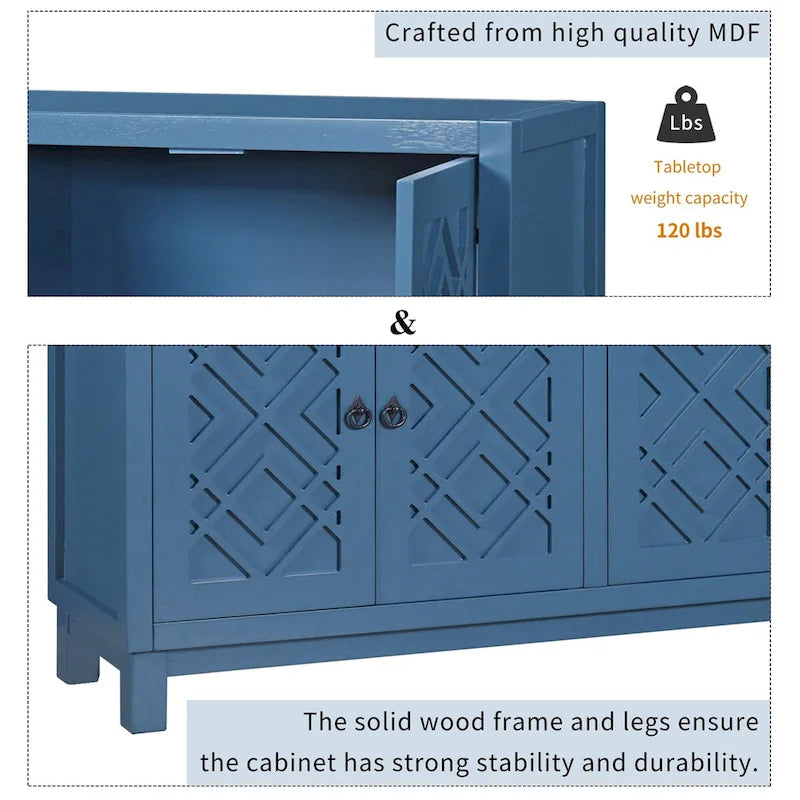 4-Door Buffet Cabinet with Rhombus Hollow Doors and Pull-Ring Handles, White Black Blue
