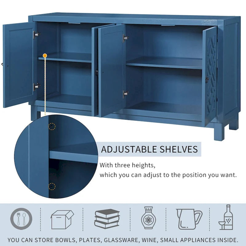 4-Door Buffet Cabinet with Rhombus Hollow Doors and Pull-Ring Handles, White Black Blue