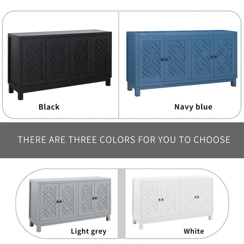 4-Door Buffet Cabinet with Rhombus Hollow Doors and Pull-Ring Handles, White Black Blue