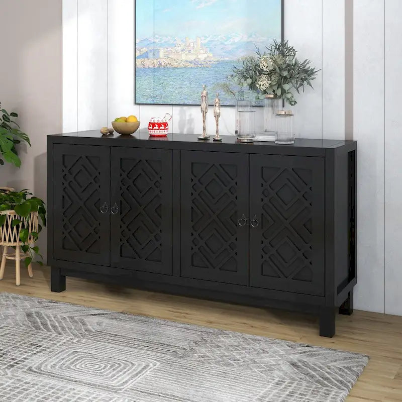 4-Door Buffet Cabinet with Rhombus Hollow Doors and Pull-Ring Handles, White Black Blue