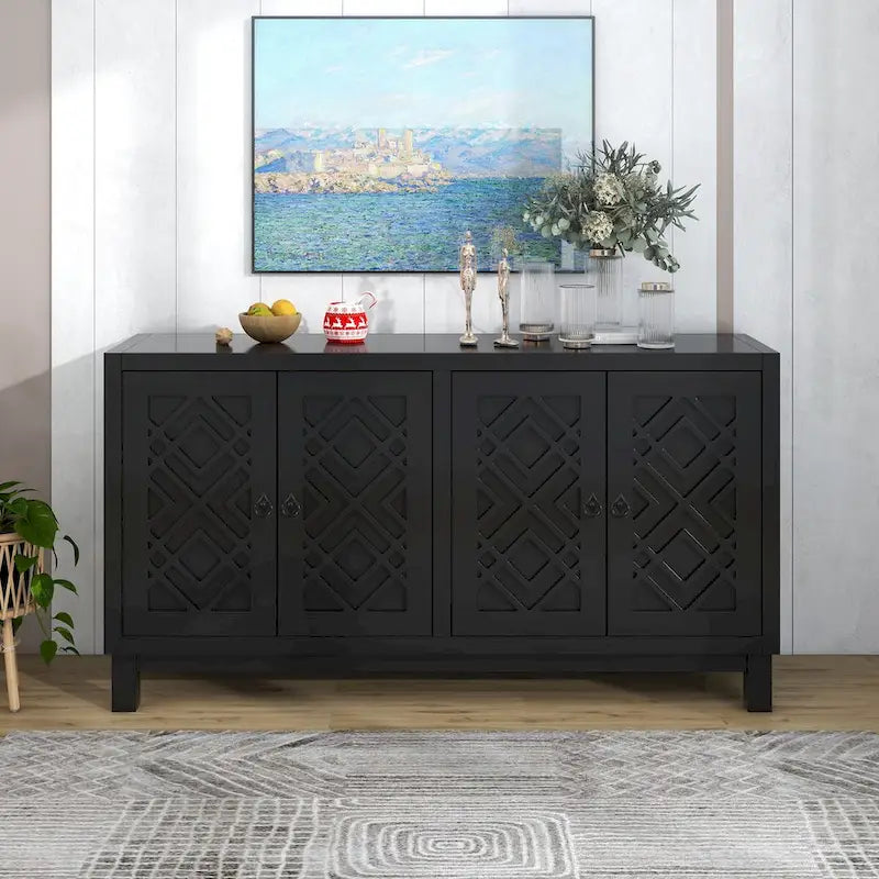4-Door Buffet Cabinet with Rhombus Hollow Doors and Pull-Ring Handles, White Black Blue