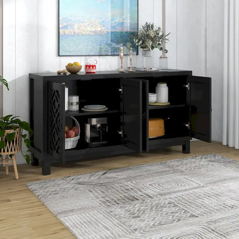 4-Door Buffet Cabinet with Rhombus Hollow Doors and Pull-Ring Handles, White Black Blue