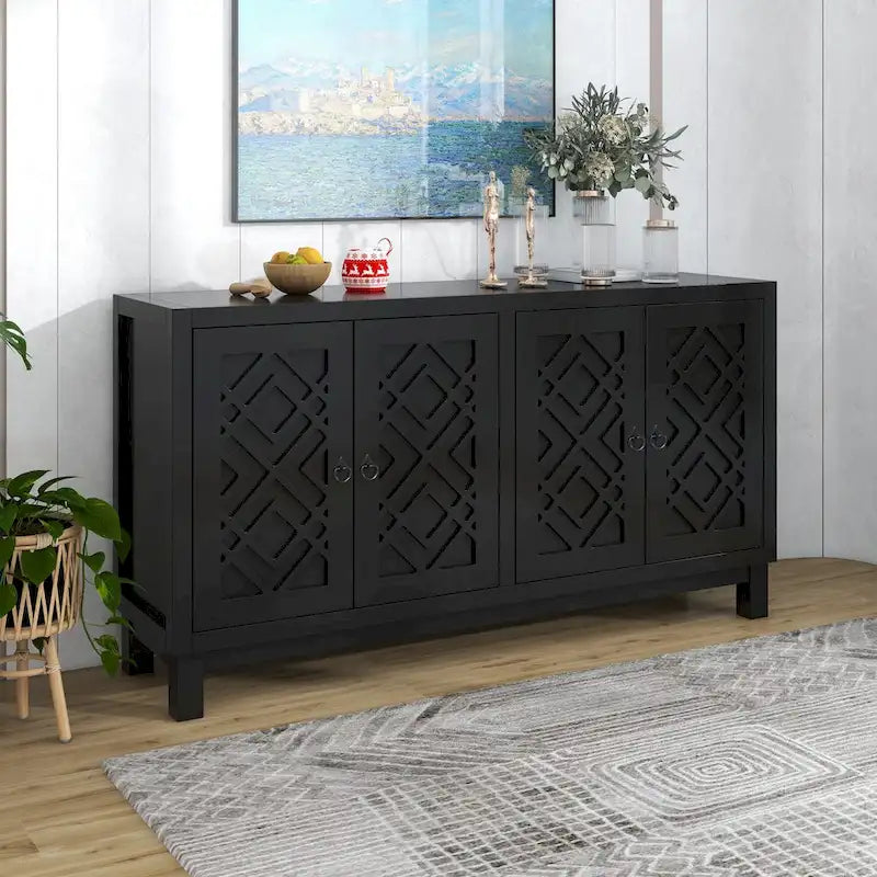 4-Door Buffet Cabinet with Rhombus Hollow Doors and Pull-Ring Handles, White Black Blue