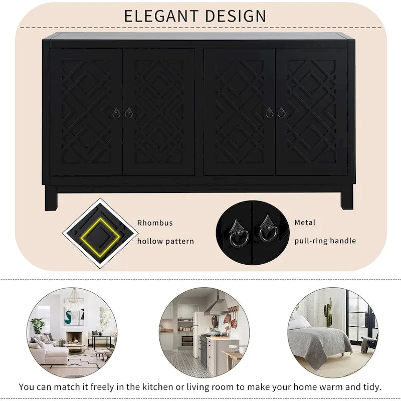 4-Door Buffet Cabinet with Rhombus Hollow Doors and Pull-Ring Handles, White Black Blue