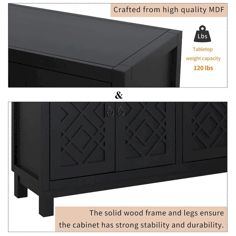 4-Door Buffet Cabinet with Rhombus Hollow Doors and Pull-Ring Handles, White Black Blue