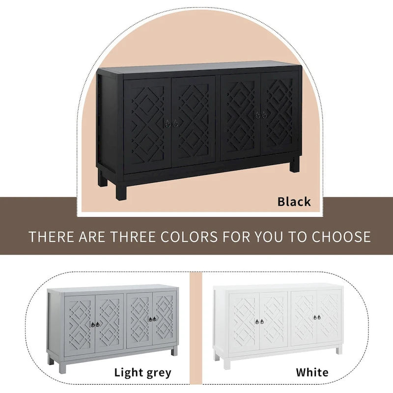 4-Door Buffet Cabinet with Rhombus Hollow Doors and Pull-Ring Handles, White Black Blue