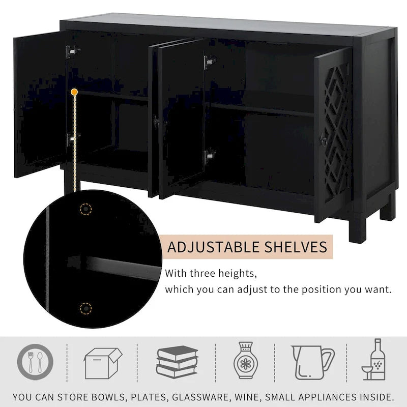 4-Door Buffet Cabinet with Rhombus Hollow Doors and Pull-Ring Handles, White Black Blue