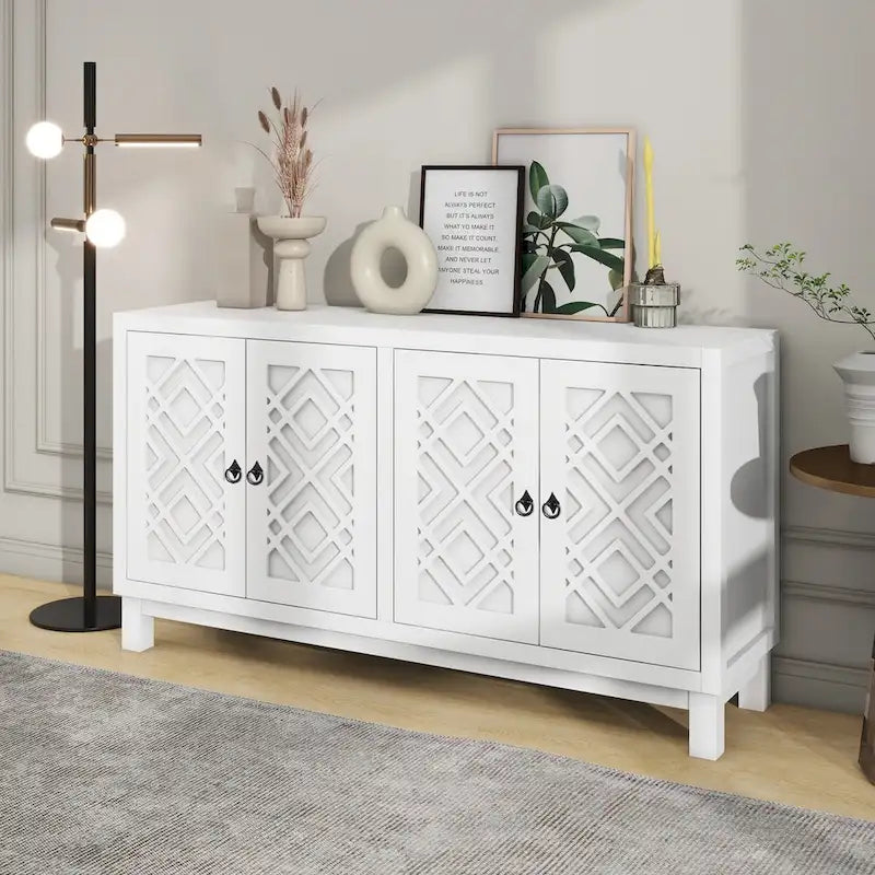 4-Door Buffet Cabinet with Rhombus Hollow Doors and Pull-Ring Handles, White Black Blue