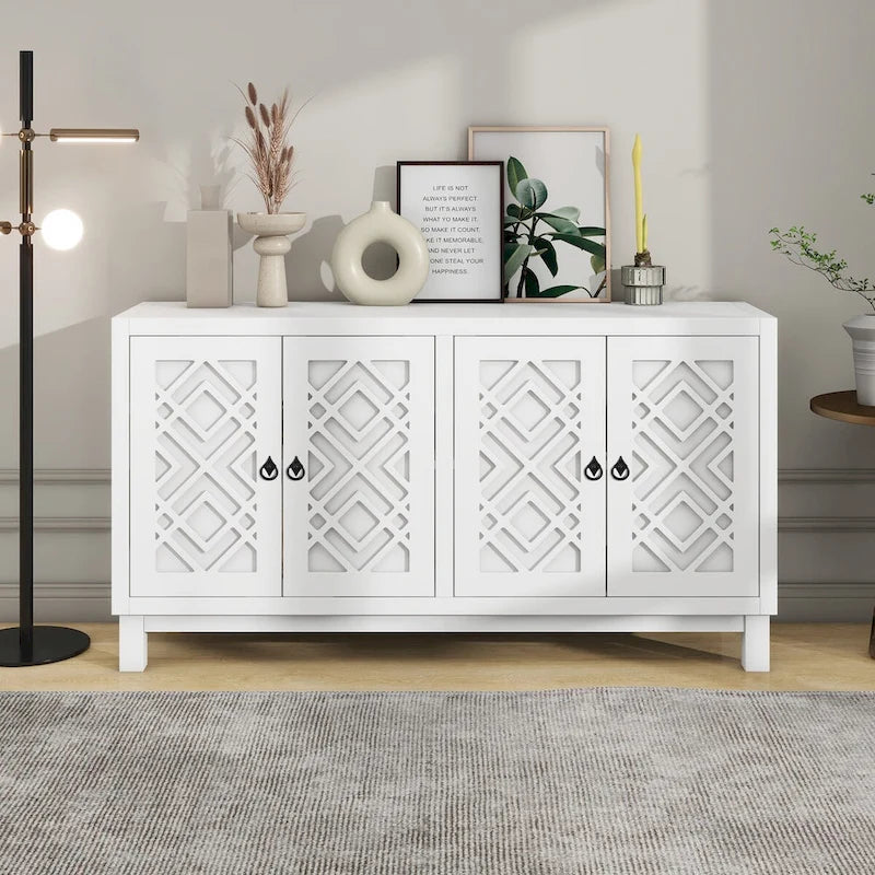 4-Door Buffet Cabinet with Rhombus Hollow Doors and Pull-Ring Handles, White Black Blue