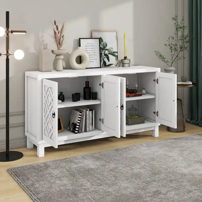 4-Door Buffet Cabinet with Rhombus Hollow Doors and Pull-Ring Handles, White Black Blue