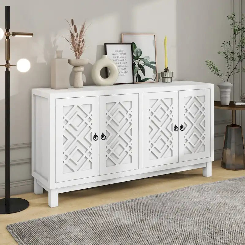 4-Door Buffet Cabinet with Rhombus Hollow Doors and Pull-Ring Handles, White Black Blue