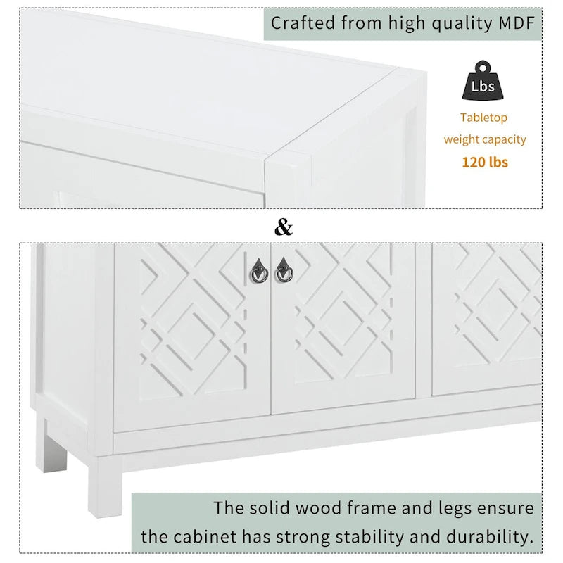 4-Door Buffet Cabinet with Rhombus Hollow Doors and Pull-Ring Handles, White Black Blue