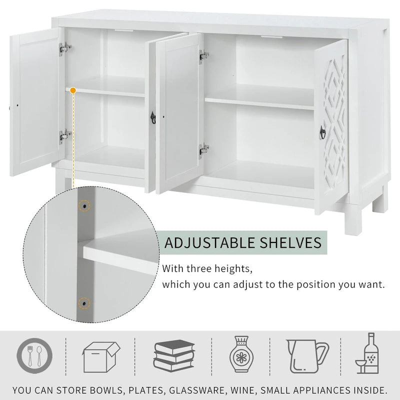 4-Door Buffet Cabinet with Rhombus Hollow Doors and Pull-Ring Handles, White Black Blue