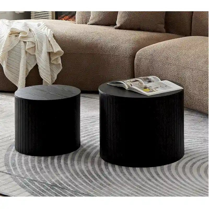 Table basse ronde en MDF nervuré avec rangement dissimulé Noyer noir