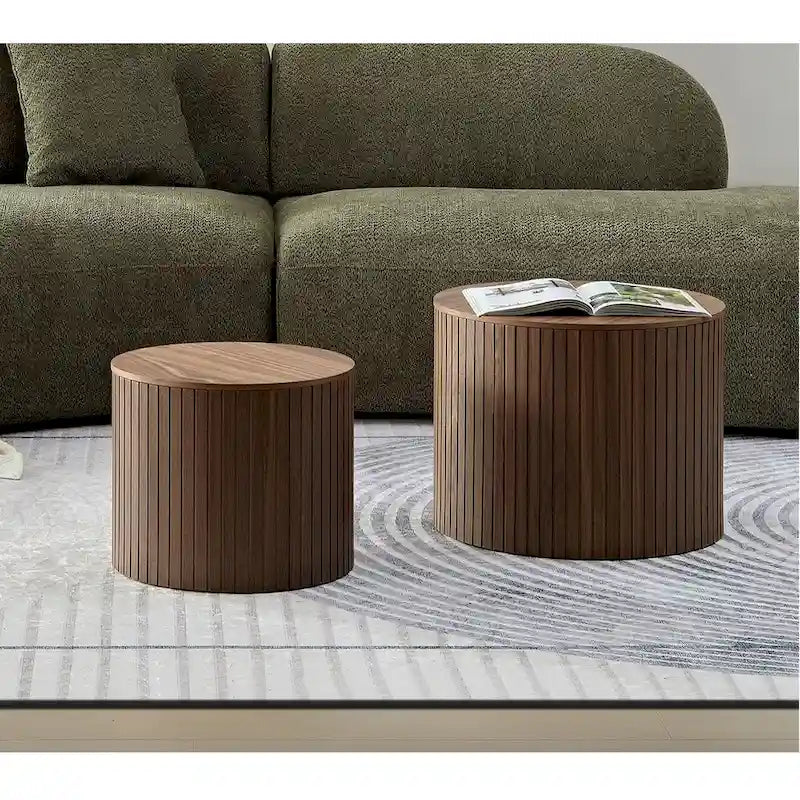 Table basse ronde en MDF nervuré avec rangement dissimulé Noyer noir