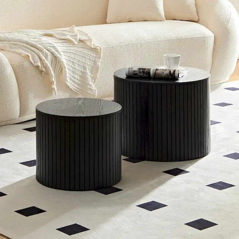 Table basse ronde en MDF nervuré avec rangement dissimulé Noyer noir