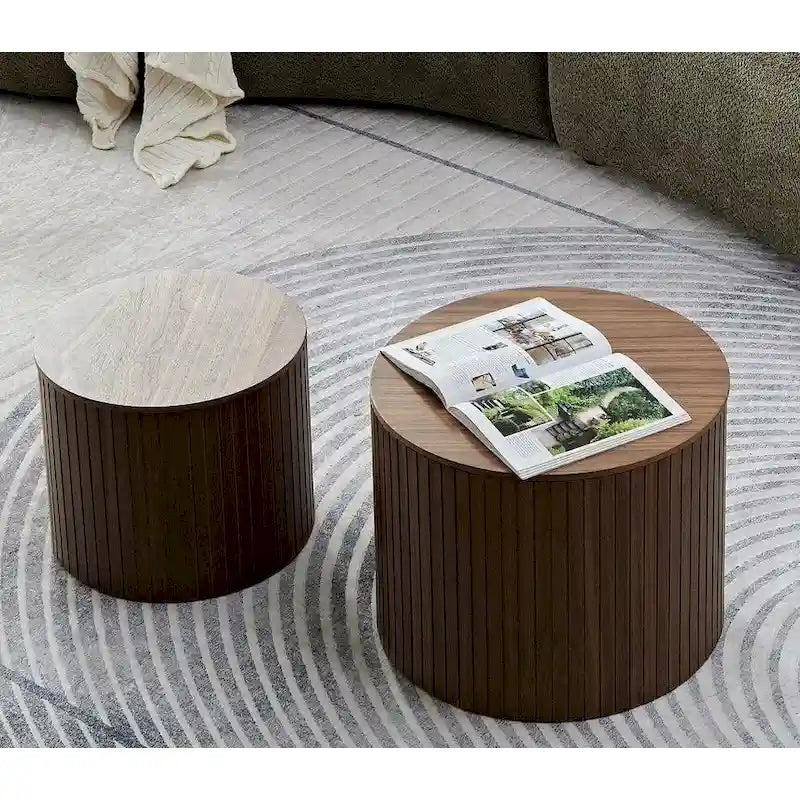 Table basse ronde en MDF nervuré avec rangement dissimulé Noyer noir