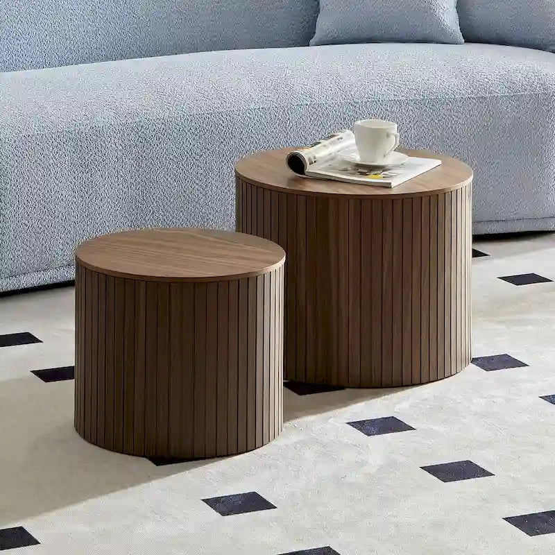 Table basse ronde en MDF nervuré avec rangement dissimulé Noyer noir