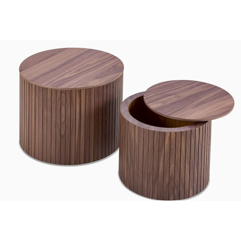 Table basse ronde en MDF nervuré avec rangement dissimulé Noyer noir