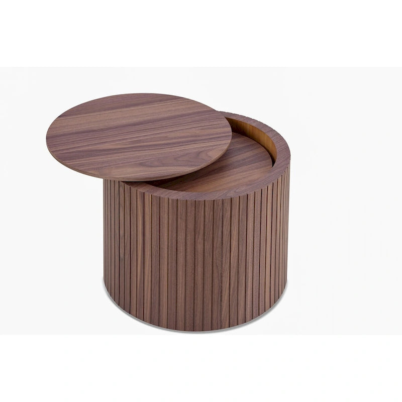 Table basse ronde en MDF nervuré avec rangement dissimulé Noyer noir