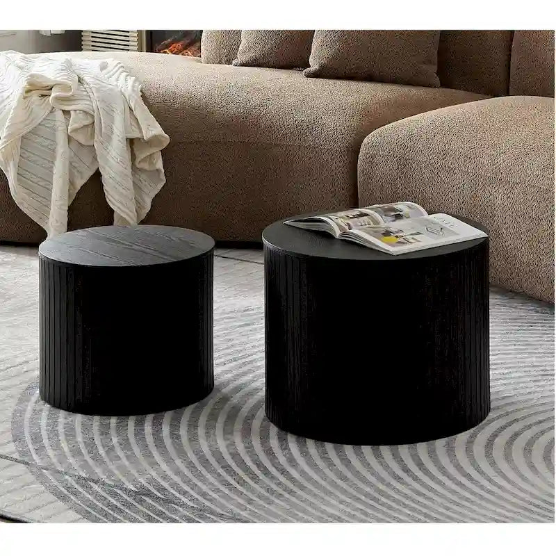 Table basse ronde en MDF nervuré avec rangement dissimulé Noyer noir