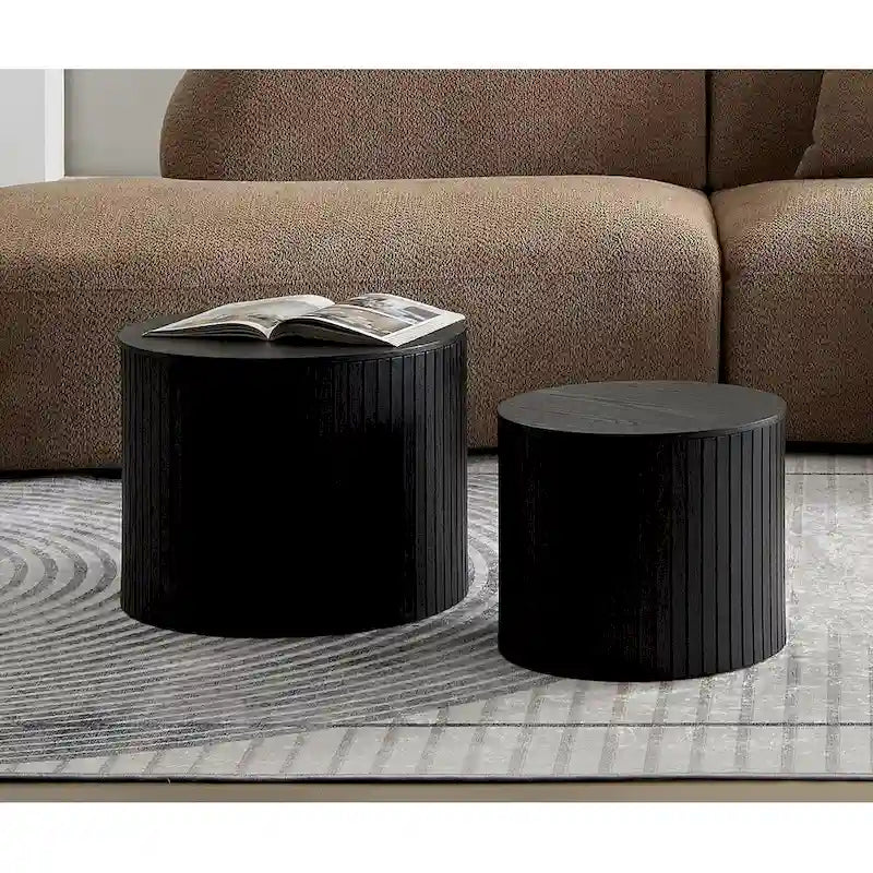 Table basse ronde en MDF nervuré avec rangement dissimulé Noyer noir