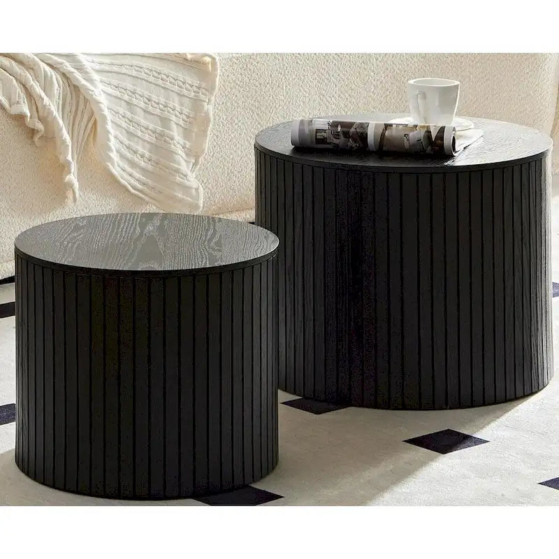 Table basse ronde en MDF nervuré avec rangement dissimulé Noyer noir
