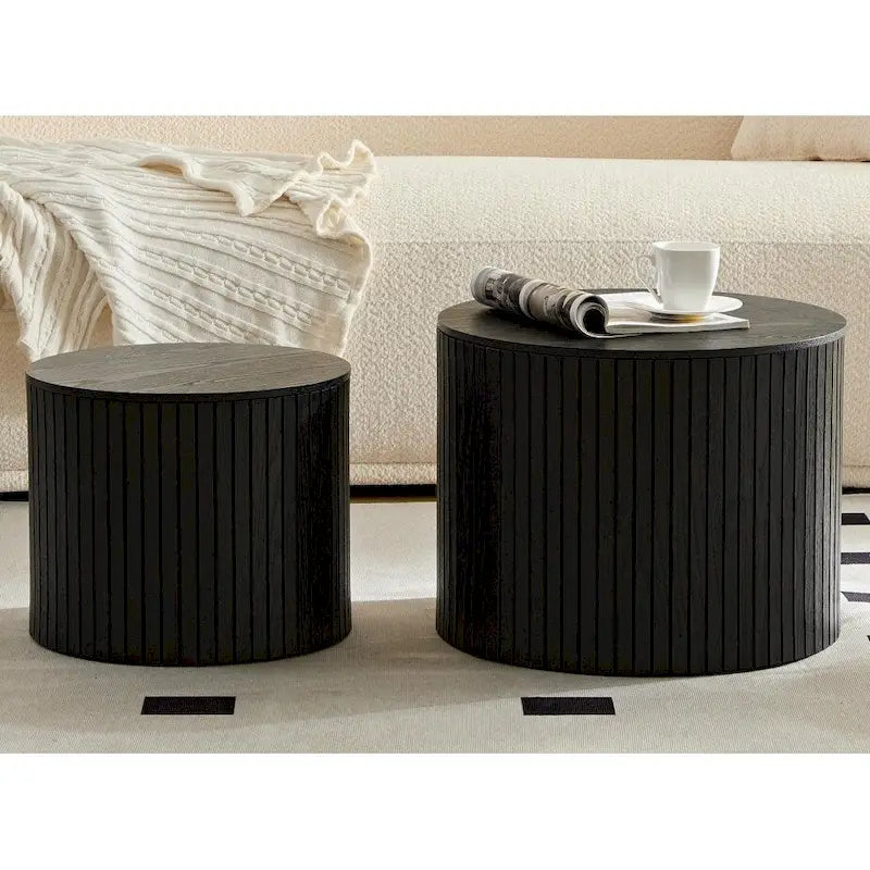 Table basse ronde en MDF nervuré avec rangement dissimulé Noyer noir