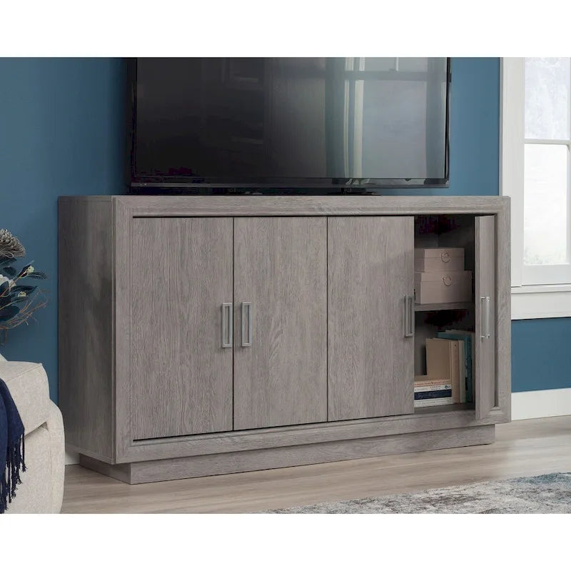 Meuble TV avec crédence en frêne diamanté de 60 pouces avec 4 portes et étagères réglables