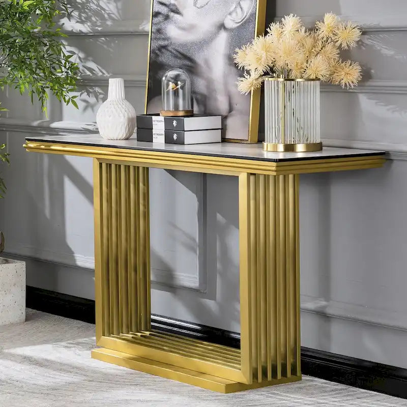 Console rectangulaire en verre avec base tubulaire en acier inoxydable doré