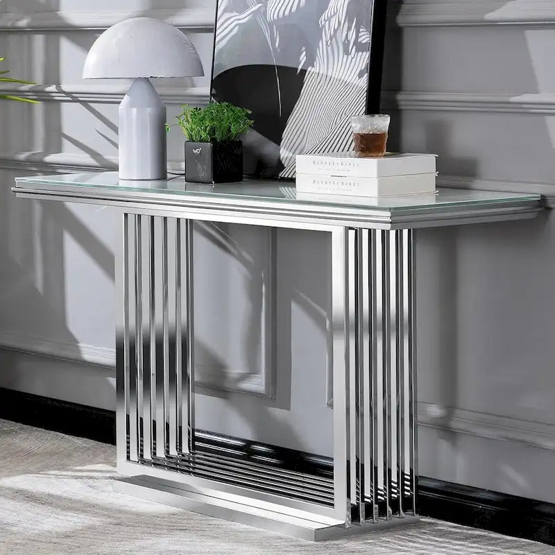 Console rectangulaire en verre avec base tubulaire en acier inoxydable doré