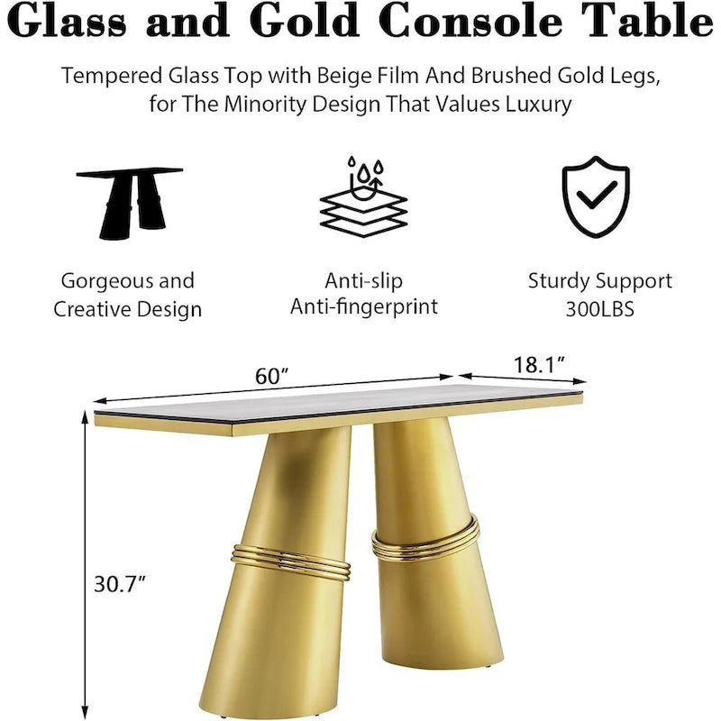 Console rectangulaire en verre avec base tubulaire en acier inoxydable doré