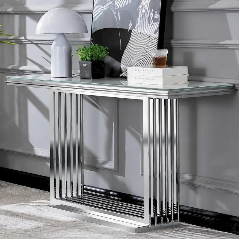 Console rectangulaire en verre avec base tubulaire en acier inoxydable doré