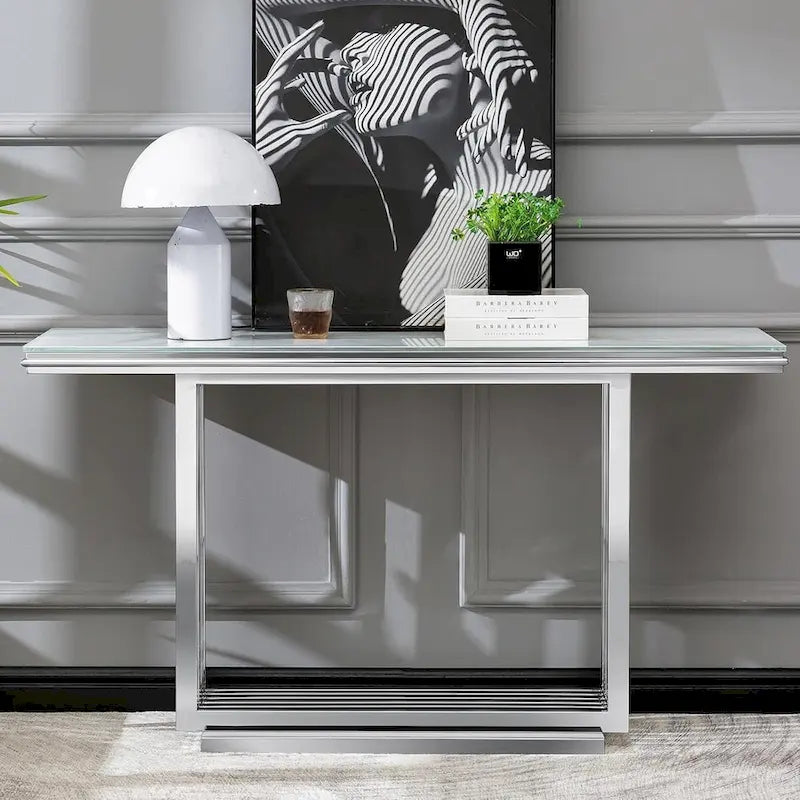 Console rectangulaire en verre avec base tubulaire en acier inoxydable doré