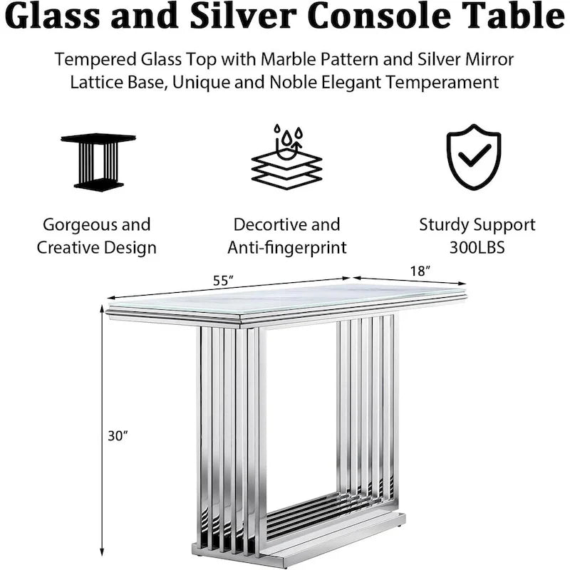 Console rectangulaire en verre avec base tubulaire en acier inoxydable doré