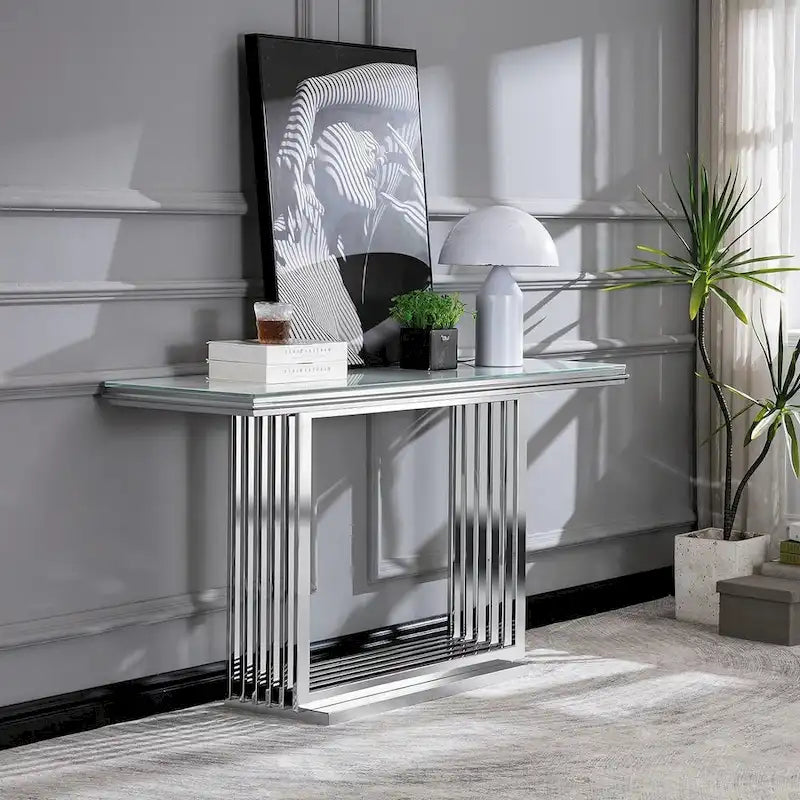 Console rectangulaire en verre avec base tubulaire en acier inoxydable doré