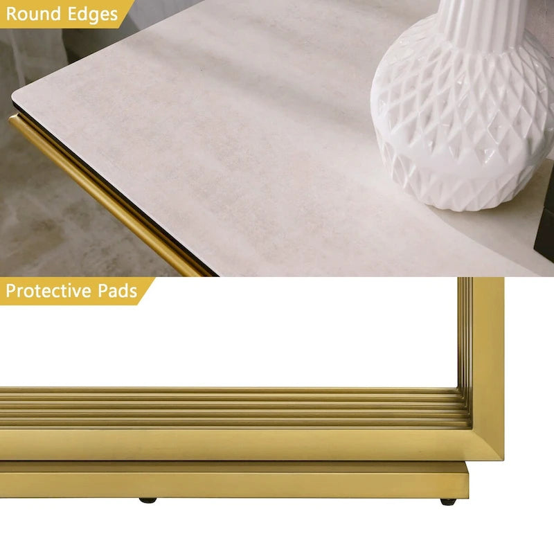 Console rectangulaire en verre avec base tubulaire en acier inoxydable doré
