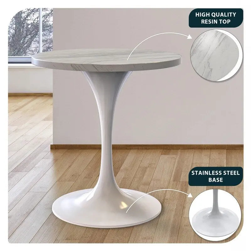 Table à manger ronde en résine avec pied central tulipe en acier blanc