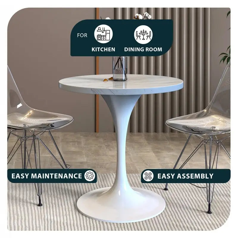 Table à manger ronde en résine avec pied central tulipe en acier blanc