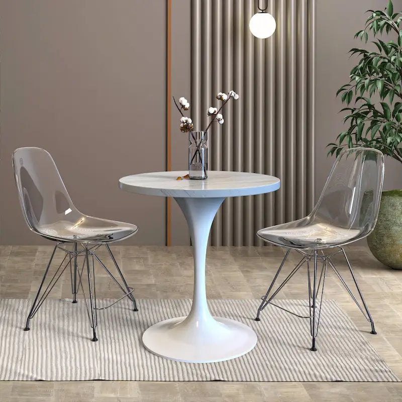 Table à manger ronde en résine avec pied central tulipe en acier blanc