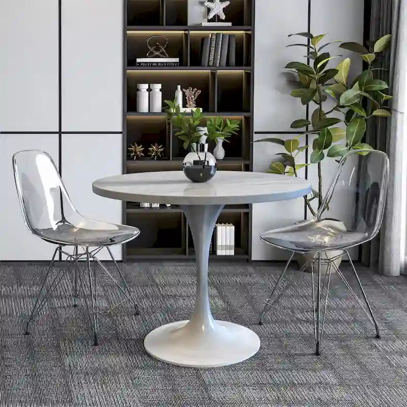 Table à manger ronde en résine avec pied central tulipe en acier blanc